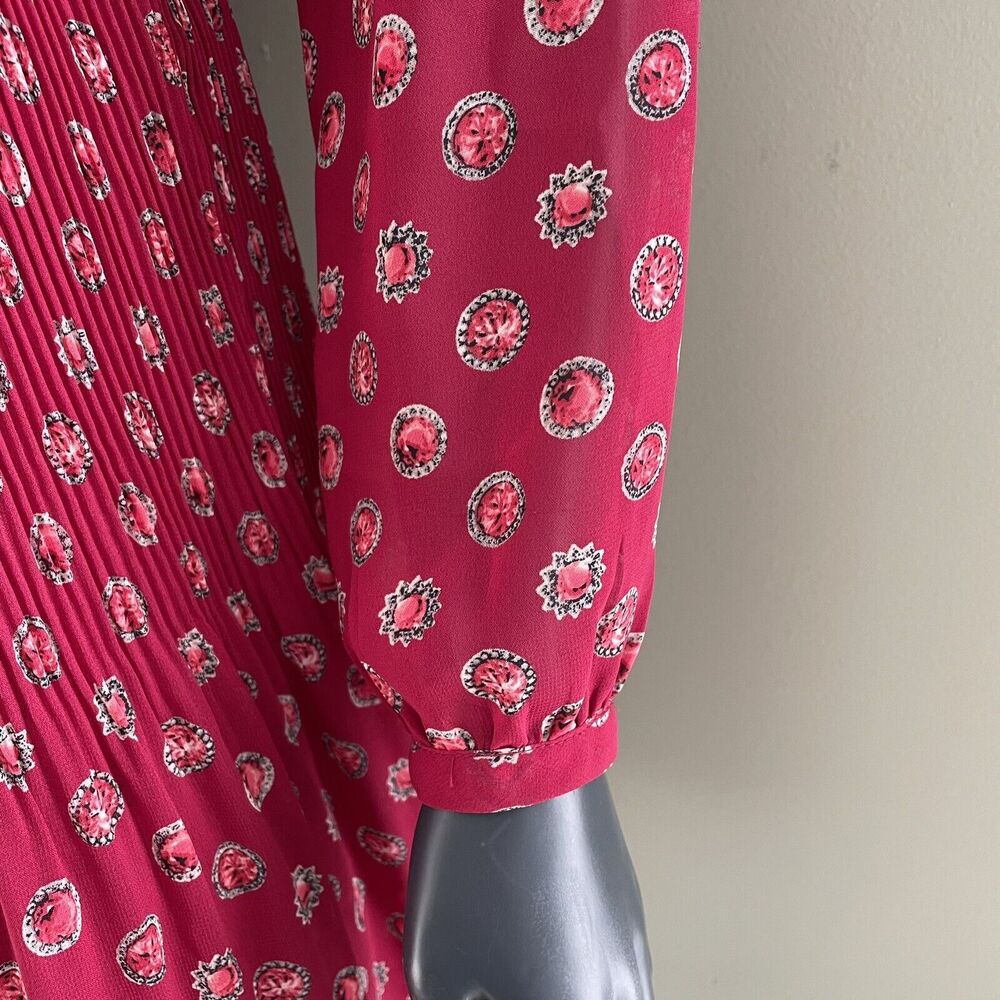 Elle Pink Pleated Dress Long Sleeve Jewel Print strawberry Pink XS - Picture 8 of 13